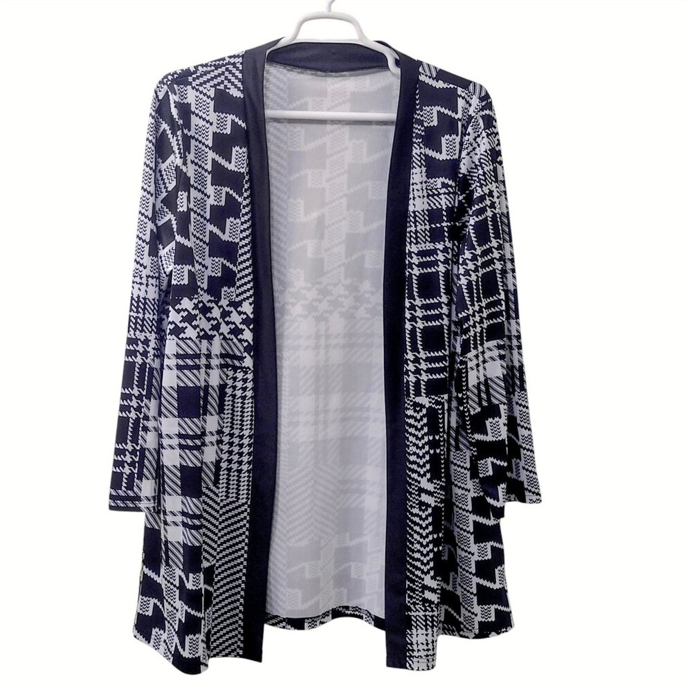Black and White Geometric Open-Front Cardigan, Size 4XL